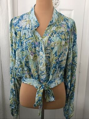 RACHEL Rachel Roy Blue Green Floral Tie-Front Blouse